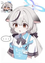 1girl absurdres angel&#039;s_24_uniform_(blue_archive) animal_ears apron black_hair blue_apron blue_archive blue_halo bow bowtie brown_eyes grey_hair halo highres kokona_(blue_archive) long_hair low_twintails multicolored_hair polo_shirt short_sleeves store_clerk streaked_hair striped_bow striped_bowtie striped_clothes tiger_ears tiger_girl twintails vector_(dmlddmld00) very_long_hair