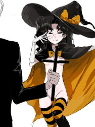 1boy 1girl :d amon_(lord_of_the_mysteries) black_cape black_eyes black_hair blush bow breasts cape chinese_commentary commentary_request convenient_censoring cross genderswap genderswap_(mtf) gloves halloween highres holding holding_cross kikinotamai licking_lips long_hair lord_of_the_mysteries monocle nude open_mouth orange_bow orange_cape parted_bangs small_breasts smile striped_clothes striped_thighhighs thighhighs tongue tongue_out twintails white_background white_gloves witch