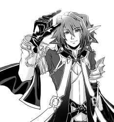1boy belt chain closed_mouth coat commentary_request gloves greyscale hair_between_eyes hand_up highres long_bangs looking_at_viewer male_focus monochrome open_clothes open_coat pointy_ears ragnarok_online shirt short_hair simple_background smile solo upper_body warlock_(ragnarok_online) yukimushi
