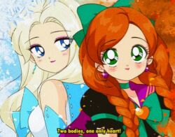 1990s_(style) 2girls adapted_costume animification anna_(frozen) autumn autumn_leaves back-to-back bad_id bad_twitter_id bishoujo_senshi_sailor_moon black_leotard blonde_hair blue_bow blue_bowtie blue_eyes blue_gloves blue_sailor_collar bow bowtie braid cape choker closed_mouth commentary diamond_earrings diamond_print dot_nose earrings elbow_gloves elsa_(frozen) english_commentary english_text eyelashes eyeshadow falling_leaves faux_retro_artstyle film_grain freckles frilled_sleeves frills frozen_(disney) frozen_ii_(disney) gleam gloves green_bow green_choker green_eyes hair_bow hair_over_shoulder heart heart_earrings honeymoonpetal jewelry leaf leotard light_blush light_particles lipstick long_hair looking_at_viewer looking_back magical_girl makeup multiple_girls orange_hair parody pink_eyeshadow pink_lips puffy_short_sleeves puffy_sleeves purple_cape purple_sailor_collar retro_artstyle sailor_collar short_sleeves siblings sisters sleeved_leotard smile snowflakes snowing sparkle style_parody swept_bangs tareme tree tsurime twin_braids upper_body very_long_hair white_leotard winter