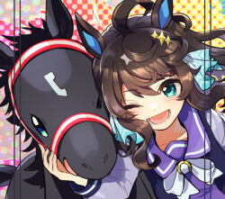 1girl chibi cocoloco comiket comiket_101 contrail_(racehorse) daring_tact_(umamusume) horse horse_girl one_eye_closed school_uniform tracen_school_uniform umamusume