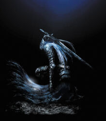 1boy absurdres arm_at_side armor artorias_the_abysswalker cape dark dark_souls_(series) dark_souls_i full_armor gauntlets greatsword helmet highres kneeling knight male_focus official_art over_shoulder solo sword torn_cape torn_clothes weapon