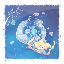 :3 bamboo blue_background blue_kimono border candy food full_body gen_3_pokemon glass_jar highres japanese_clothes jar jirachi kimono legendary_pokemon looking_at_viewer mythical_pokemon nintendo no_humans pokemon pokemon_(creature) pokemon_focus tanabata tanzaku temariame14 twitter_username white_border