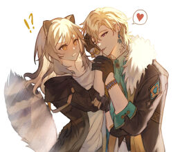 Rule 34 | !?, 1boy, 1girl, @ @, absurdres, animal ears, aqua shirt, aventurine (honkai: star rail), black gloves, black jacket, blonde hair, collared shirt, commentary request, earrings, flustered, fur trim, gloves, grey hair, hair between eyes, hand up, heart, hetero, highres, holding another&#039;s wrist, honkai: star rail, honkai (series), ikasuyosei, jacket, jewelry, kemonomimi mode, licking, licking hand, long hair, looking at another, neck tattoo, one eye closed, purple eyes, raccoon ears, raccoon girl, raccoon tail, shirt, short hair, simple background, speech bubble, spoken heart, stelle (honkai: star rail), tail, tattoo, tongue, tongue out, trailblazer (honkai: star rail), upper body, white background, white shirt, yellow eyes