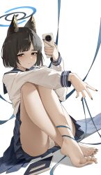1girl animal_ear_fluff animal_ears ansauce barefoot black_hair black_nails blue_archive blue_sailor_collar blue_skirt blunt_ends cat_ears cat_girl cellphone closed_mouth grey_eyes highres holding holding_phone kikyou_(blue_archive) looking_at_viewer medium_hair panties parted_bangs phone sailor_collar shirt skirt smartphone solo toes underwear white_panties white_shirt