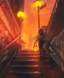 1girl bag boots brown_hair building city evening from_behind graffiti holding holding_bag lamppost light_particles medium_hair monochrome orange_light orange_sky orange_theme original outdoors railing scenery sky solo stairs sunlight sunset walking wide_shot zandra
