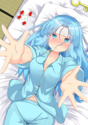 1girl alternate_costume alternate_hairstyle arms_up blue_eyes blue_hair blush breasts cleavage cold_pack collarbone commentary_request cowboy_shot digital_thermometer female_focus fever foreshortening from_above futon hair_bobbles hair_down hair_ornament kawashiro_nitori key long_hair looking_at_viewer lying mouth_hold navel on_back pajamas parted_bangs pillow reaching reaching_towards_viewer rururiaru sick solo tatami thermometer touhou unworn_hair_ornament very_long_hair
