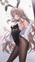 Rule 34 | !, 1girl, absurdres, alternate costume, animal ear hairband, animal ears, armpit crease, bare shoulders, black bow, black bowtie, black leotard, black pantyhose, blush, bow, bowtie, breasts, brown hair, clothes down, collar, commentary, covered navel, cowboy shot, detached collar, english commentary, fake animal ears, fake tail, fishnet pantyhose, fishnets, hairband, harukix, herta (honkai: star rail), highres, honkai: star rail, honkai (series), leotard, long hair, looking at viewer, medium breasts, open clothes, open shirt, pantyhose, parted lips, playboy bunny, purple eyes, purple petals, rabbit ear hairband, rabbit ears, rabbit tail, shirt, signature, solo, spoken exclamation mark, tail, the herta (honkai: star rail), very long hair, white collar, white shirt