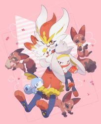 apple bag bright_pupils cinderace closed_eyes creature creatures_(company) eating food fruit furry game_freak gen_8_pokemon hands_up holding holding_food holding_fruit holding_pokemon izobe mouth_hold nickit nintendo one_eye_closed open_mouth paper_bag pokemon pokemon_(creature) raboot red_eyes scorbunny smile sobble teeth toes white_pupils