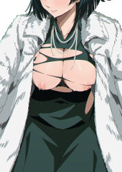 1girl breasts coat coat_on_shoulders commentary_request dress fubuki_(one-punch_man) fur_coat green_dress green_hair head_out_of_frame highres large_breasts morisobo multiple_necklaces nipples one-punch_man short_hair solo sweat taut_clothes taut_dress tight_clothes tight_dress torn_clothes torn_dress white_background white_coat
