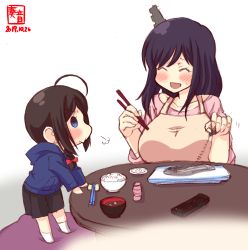 2girls aged_down ahoge apron artist_logo black_hair blue_eyes blue_hoodie blush bow bowl braid brown_hair chopstick_rest chopsticks closed_eyes collarbone commentary_request controller dated fish fish_skeleton food hair_bow hair_ornament hair_over_shoulder highres holding holding_chopsticks hood hood_down hoodie kanon_(kurogane_knights) kantai_collection logo long_sleeves miso_soup multiple_girls open_mouth pink_shirt red_bow remote_control rice rice_bowl saury shigure_(kancolle) shirt short_hair signature single_braid smile socks soup white_legwear yamashiro_(kancolle)