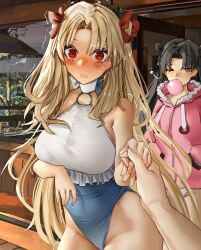 1other 2girls absurdres bare_shoulders black_hair blonde_hair blowing_bubbles blush bow breasts chewing_gum earrings ereshkigal_(fate) fate/grand_order fate_(series) grey_one-piece_swimsuit hair_bow hair_ribbon hairband highres holding_hands hoop_earrings ishtar_(fate) ishtar_(swimsuit_rider)_(fate) jacket jewelry large_breasts long_hair long_sleeves looking_at_viewer multiple_girls o-ring obazzotto one-piece_swimsuit one_eye_closed open_mouth parted_bangs pink_jacket red_eyes ribbon space_ereshkigal_(fate) space_ereshkigal_(first_ascension)_(fate) swimsuit two-tone_swimsuit two_side_up white_one-piece_swimsuit