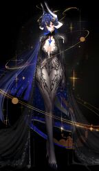 1girl absurdres ai-generated_art_(topic) alternate_costume black_background black_bodysuit black_cloak blue_gemstone blue_hair blunt_ends bodysuit breasts chest_jewel chronopattern_dress cleavage_cutout cloak closed_mouth clothing_cutout colored_inner_hair crescent crescent_hair_ornament crossed_bangs fingernails full_body gem glitter hair_between_eyes hair_ornament halo hashtag-only_commentary highres horns indie_virtual_youtuber jewelry long_hair looking_at_viewer medium_breasts meltyrice meme_attire multicolored_hair red_eyes see-through_bodysuit see-through_clothes sharp_fingernails sharp_toenails slit_pupils solo sparkle sparkling_aura standing toenails vienna_(vtuber) virtual_youtuber