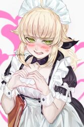 1girl absurdres ahoge apron black_dress blonde_hair blunt_bangs blush clenched_teeth collared_dress commentary dress frilled_apron frills green_eyes heart heart_hands highres looking_at_viewer maid maid_apron maid_headdress medium_hair mushoku_tensei norn_greyrat short_sleeves signature solo tayanano5 teeth upper_body white_apron white_wrist_cuffs wrist_cuffs