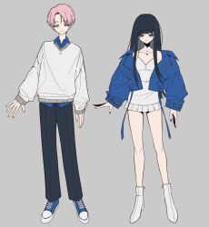 1boy 1girl bare_legs bare_shoulders black_hair black_pants blue_collar blue_eyes blue_jacket blue_nails blue_shirt boots breasts brown_shoes butterfly_necklace closed_mouth collar collarbone commentary concentric_circles dress english_commentary face_piercing grey_background highres indie_utaite jacket jewelry lip_piercing long_hair long_sleeves looking_at_viewer medium_hair mei_32k1 mole mole_on_neck mole_under_eye multiple_rings nail_polish necklace open_clothes open_collar open_jacket pants piercing pink_hair ring shirt shoes simple_background sleeveless sleeveless_dress sleeves_past_wrists small_breasts smile standing sundress sweater v-neck white_boots white_dress white_sweater yellow_eyes yoei._(utaite)