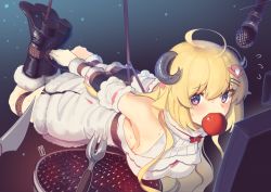 1girl ahoge apple arms_behind_back bdsm blonde_hair bondage boots bound bound_ankles bound_wrists detached_sleeves dress food fruit gradient_background grill hair_ornament hairclip highres hogtie hololive horns kaddo kitchen_knife long_hair looking_at_viewer microphone mouth_hold purple_eyes rope screen sheep_horns suspension tsunomaki_watame tsunomaki_watame_(1st_costume) virtual_youtuber white_dress wrists_to_ankles