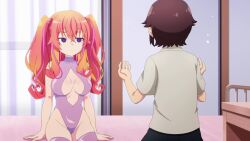 &gt;_&lt; 1boy 2girls agatsuma_makina akutsu_eita android animated anime_screenshot banana_peel bathroom blank_eyes blue_eyes blush bouncing_breasts breasts brown_hair cleavage_cutout clothing_cutout covered_navel disembodied_head dress fang glasses gradient_hair groin hair_ornament hair_over_one_eye hairclip headless highleg highleg_leotard highres imose_mimika kakushite!_makina-san!! knife leotard mouth_hold multicolored_hair multiple_girls one_eye_closed orange_hair panties panties_in_mouth pink_hair purple_leotard purple_thighhighs red_hair restrained robot robot_girl skin_fang socks sound tagme thick_thighs thighhighs thighs twintails underwear video white_dress white_socks wide_hips