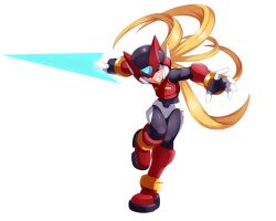 Rule 34 | 1boy, absurdres, android, armor, black eyes, blonde hair, energy sword, forehead jewel, full body, helmet, highres, holding, holding sword, holding weapon, jwc vevo, long hair, male focus, mega man (series), mega man zero (series), red armor, red helmet, simple background, solo, sword, weapon, white background, z saber