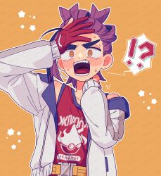 !? 1boy 4lily @_@ absurdres black_hair blush creatures_(company) game_freak gloves hand_on_own_forehead hand_on_own_neck highres jacket kieran_(pokemon) long_sleeves male_focus multicolored_hair nintendo open_clothes open_jacket open_mouth orange_background orange_eyes partially_fingerless_gloves pokemon pokemon_sv purple_hair red_gloves red_tank_top shoulder_blush single_glove solo star_(symbol) sweat tank_top upper_body white_jacket