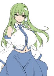 Rule 34 | 1girl, bare shoulders, blue skirt, breasts, closed mouth, detached sleeves, frog hair ornament, green eyes, green hair, hair ornament, highres, huge breasts, kochiya sanae, long hair, looking at viewer, musuka (muska), navel, shirt, simple background, skirt, smile, snake hair ornament, solo, touhou, variant set, white background, white shirt