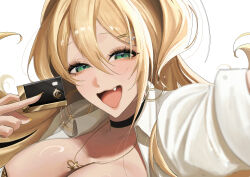 06_el1 1girl absurdres animal_ears animal_print blonde_hair blush breasts cleavage fake_animal_ears fang goddess_of_victory:_nikke green_eyes gyaru hair_between_eyes hair_ornament highres jewelry large_breasts leopard_print long_hair looking_at_viewer open_mouth rupee_(nikke) smile solo