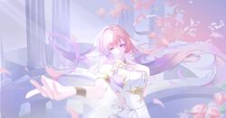 Rule 34 | 1girl, absurdres, breasts, cherry blossoms, chinese commentary, commentary request, corset, elysia (herrscher of human: ego) (honkai impact), elysia (honkai impact), flower, guwen852, hair ornament, hand on own chest, highres, honkai (series), honkai impact 3rd, large breasts, long hair, pink flower, pink hair, pink rose, purple eyes, rose, solo, stone pillar, triquetra, very long hair, white corset