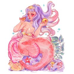 1girl aqua_eyes bikini breasts cleavage commentary cosmetics gradient_background headpiece holding holding_lipstick_tube holding_mirror lipstick_tube long_hair medium_breasts mermaid mirror monster_girl munrou original pink_hair purple_hair solo sparkle starfish strapless strapless_bikini swimsuit symbol-only_commentary watermark