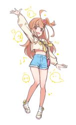 1girl :d absurdres ahoge arm_up baby_animal bird blue_shorts blush bow bow_legwear bowtie chick commentary_request crop_top cropped_shirt doodle_inset eighth_note full_body hair_ornament hair_scrunchie heart highres ikizulive!_love_live!_bluebird loafers long_sleeves looking_at_viewer love_live! math midriff musical_note one_side_up open_hand open_mouth orange_eyes orange_hair pink_scrunchie puff_of_air puffy_long_sleeves puffy_sleeves quarter_note sailor_collar sailor_shirt scrunchie shirt shoes short_shorts shorts smile socks solo standing sunkeun takahashi_polka white_sailor_collar white_shirt white_shoes white_socks yellow_bow yellow_bowtie