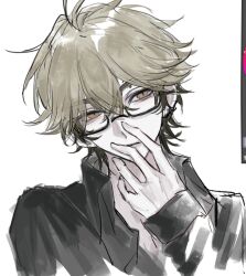 1boy ahoge alternate_costume bespectacled bishounen black-framed_eyewear black_hair black_shirt blonde_hair carralla36820 closed_mouth collared_shirt color_guide glasses hair_between_eyes hand_on_own_face hand_up highres long_sleeves looking_at_viewer male_focus multicolored_hair piercing portrait shiguang_dailiren shirt short_hair simple_background sketch solo upper_body white_background xia_fei yellow_eyes