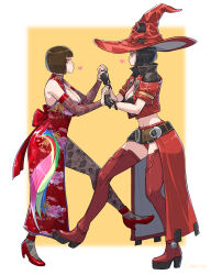 2girls absurdres anna_williams bare_shoulders belt black_shirt blurry blurry_background bob_cut boots border bow breasts brown_eyes brown_gloves brown_hair brown_pantyhose capelet china_dress chinese_clothes cirenk cleavage_cutout clothing_cutout commission crossover dress fingerless_gloves full_body gloves guilty_gear hat heart high_heels highres holding_hands i-no jacket large_breasts looking_at_another midriff multiple_girls pantyhose pouty_lips red_bow red_capelet red_dress red_footwear red_jacket red_shorts red_sleeves shirt short_hair short_sleeves shorts standing standing_on_one_leg sunglasses tekken thigh_boots white_border wizard_hat yellow_background