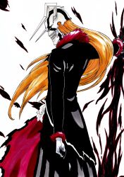 Rule 34 | 1boy, alpen no koyari, alternate form, arm at side, aura, bankai, black hakama, black nails, black sclera, bleach, claws, colored sclera, colored skin, commentary request, cowboy shot, dark aura, demon boy, fighting stance, floating hair, from side, fur-trimmed collar, fur-trimmed sleeves, fur trim, hakama, hand up, highres, holding, holding sword, holding weapon, hollow ichigo, horns, japanese clothes, katana, kubo tite (style), kurosaki ichigo, long hair, long sleeves, male focus, mask, monster boy, nail polish, official alternate hair length, official alternate hairstyle, official style, orange hair, profile, shihakusho, simple background, solo, standing, straight hair, sword, teeth, tensa zangetsu (bankai), very long hair, weapon, white background, white skin, yellow eyes