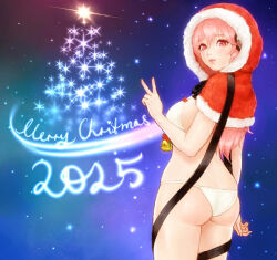 Rule 34 | 1girl, 2025, absurdres, ass, bell, bikini, black ribbon, breasts, christmas, christmas tree, highres, hood, jingle bell, large breasts, lingerie, naked ribbon, non-web source, pink eyes, pink hair, ribbon, santa costume, shizush, smile, standing, super sonico, swimsuit, underwear, wide hips