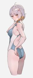 1girl absurdres ahoge ass back_cutout bare_arms blonde_hair blue_one-piece_swimsuit breasts brown_eyes clothing_cutout commentary_request commission from_side grey_background grey_hair hair_ornament highleg highleg_one-piece_swimsuit highres large_breasts looking_at_viewer multicolored_hair one-piece_swimsuit original short_hair simple_background solo sooon streaked_hair swimsuit thighs x_hair_ornament