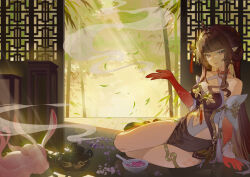 1girl absurdres ahoge arm_support bamboo bare_legs between_legs blunt_bangs breasts brown_hair cleavage clothes_between_thighs clothing_cutout colored_extremities colored_inner_hair colored_skin criss-cross_halter detached_sleeves dress full_body fuyuan_(honkai:_star_rail) gold_thighlet gradient_skin hair_intakes hair_ornament halterneck highres honkai:_star_rail honkai_(series) indoors jewelry kawa_tamago layered_clothes leaf leaning_to_the_side light_smile lingsha_(honkai:_star_rail) lipstick long_hair looking_at_viewer makeup medium_breasts multicolored_hair multicolored_skin multiple_rings navel parted_lips pointy_ears rabbit red_eyes red_hair red_hands red_lips red_skin revealing_clothes ring sitting smoke stomach stomach_cutout tassel tassel_hair_ornament thighlet two-tone_skin