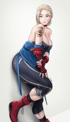 Rule 34 | 1girl, absurdres, ankle boots, arm tattoo, black pants, blonde hair, blue eyes, blue jacket, boots, breasts, cammy white, choker, cleavage, dismaiden, highres, jacket, lace-up boots, large breasts, pants, red boots, scar, scar on face, short hair, socks, solo, street fighter, street fighter 6, tattoo, zangief