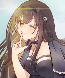 Rule 34 | 1girl, ;), absurdres, black camisole, black capelet, black choker, black hair, black hairband, blush, bone hair ornament, breasts, camisole, capelet, choker, cleavage, closed mouth, collarbone, commentary request, finger to mouth, floating hair, frilled capelet, frilled choker, frills, hair between eyes, hair ornament, hairband, hand up, highres, ichimiyasakutto, index finger raised, kushima kamome, large breasts, long hair, looking at viewer, one eye closed, shushing, simple background, skull and crossbones, skull hair ornament, smile, smug, solo, straight hair, summer pockets, twitter username, upper body, v-shaped eyebrows, very long hair, yellow eyes