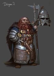 1boy armor axe beard boots brown_boots dwarf facial_hair fantasy full_body grey_background hand_on_own_hip helmet holding holding_axe long_beard mischeviouslittleelf original pipe_in_mouth red_facial_hair red_hair simple_background smoking_pipe solo standing unworn_headwear unworn_helmet