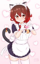 1girl alternate_costume animal_ears apron bell black_dress brown_hair cat_ears cat_girl cat_tail cowboy_shot dress enmaided frilled_apron frilled_dress frills gloves gradient_hair hair_between_eyes heart heart_hands highres kantai_collection looking_at_viewer maid maid_apron maid_headdress multicolored_hair mutsuki_(kancolle) puffy_short_sleeves puffy_sleeves red_eyes red_hair short_dress short_hair short_sleeves smile solo standing tail tail_bell tail_ornament thighhighs white_apron white_gloves white_thighhighs zanne