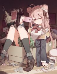 Rule 34 | 1girl, ahoge, bandage on knee, bandaged hand, bandages, black socks, blush, bow, box, brown hair, chain, chained, chained legs, collared shirt, diagonal-striped bow, double-parted bangs, double bun, green skirt, hair bun, happy sugar life, highres, holding, holding phone, in box, in container, intravenous drip, large syringe, loafers, looking at viewer, maidcode1023, matsuzaka satou, narrowed eyes, off shoulder, oversized object, phone, pill, shirt, shoes, single off shoulder, sitting, skirt, socks, solo, striped clothes, striped shirt, syringe, vertical-striped clothes, vertical-striped shirt, white shirt