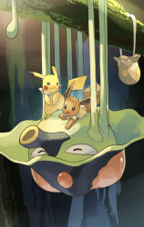 brown_eyes brown_fur eevee forest gen_1_pokemon highres nature nintendo no_humans open_mouth outdoors pikachu pokemon pokemon_(creature) toedscool toedscruel tree yamaori_(hakkentai_pokedan) yellow_fur