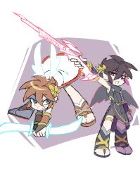 2boys angel angel_wings black_hair black_wings blue_eyes brown_hair dancho_no_mori dark_pit dark_pit_staff_(kid_icarus) highres jewelry kid_icarus kid_icarus_uprising laurel_crown looking_at_viewer male_focus multiple_boys nintendo open_mouth palutena_bow_(kid_icarus) panty_&amp;_stocking_with_garterbelt panty_&amp;_stocking_with_garterbelt_(style) parody pit_(kid_icarus) red_eyes siblings sketch style_parody thighlet twins wings