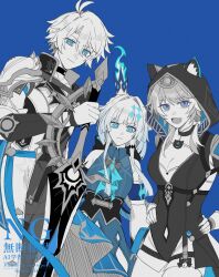 1boy 2girls ahoge animal_ear_fluff animal_ears animal_hood armor black_choker black_leotard blue_background blue_dress blue_eyes blue_hair breasts cat_ears cat_girl cat_hood cerydra_(honkai:_star_rail) choker cipher_(honkai:_star_rail) cleavage coat color_connection crown dress eye_color_connection grey_hair hair_color_connection hair_intakes highres holding holding_sword holding_weapon honkai:_star_rail honkai_(series) hood hooded_leotard large_breasts leotard long_hair mini_crown mole mole_on_breast multiple_girls open_mouth pauldrons phainon_(honkai:_star_rail) purin_234 short_hair shoulder_armor single_pauldron sword weapon white_coat