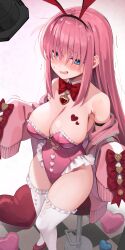 Rule 34 | 1girl, absurdres, animal ears, arm strap, bare shoulders, blue eyes, blush, bocchi the rock!, bow, bowtie, breasts, cleavage, commentary request, detached collar, embarrassed, fake animal ears, gotoh hitori, hair ornament, hairband, highres, jacket, large breasts, leotard, long hair, long sleeves, off shoulder, open clothes, open jacket, open mouth, osa (osaosa), pink hair, pink jacket, pink leotard, rabbit ears, red bow, red bowtie, red footwear, smile, solo, standing, thighhighs, thighs, white thighhighs