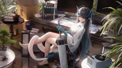 1girl absurdres arknights bare_legs bare_shoulders barefoot black_hair bonsai box breasts cardboard_box dusk_(arknights) female_focus hair_over_one_eye highres holding holding_sword holding_weapon horns indoors large_breasts ling_dianxia long_hair long_sleeves looking_at_viewer monitor official_alternate_costume orange_eyes pointy_ears rhodes_island_logo_(arknights) shirt sitting solo swivel_chair sword tail very_long_hair weapon white_shirt wide_sleeves