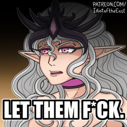 1girl breasts censored censored_text choker commentary english_commentary english_text grey_hair idiot_of_the_east impact_(font) large_breasts nude open_mouth pink_choker pink_eyes pointy_ears portrait slaanesh solo warhammer_40k watermark wavy_hair web_address