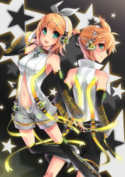 1boy 1girl :3 absurdres aqua_eyes arm_warmers bad_id bad_pixiv_id bare_shoulders black_thighhighs blonde_hair brother_and_sister detached_sleeves fingerless_gloves gloves hair_ornament hair_ribbon hairclip headphones highres kagamine_len kagamine_len_(append) kagamine_rin kagamine_rin_(append) leg_warmers looking_back navel open_mouth popped_collar ribbon short_hair shorts siblings sigm@ smile star_(symbol) thighhighs twins vocaloid vocaloid_append