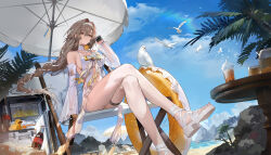 Rule 34 | 1girl, absurdres, arm support, bailu (guilongchao), bare shoulders, beach, beach chair, beach umbrella, bikini, bird, black gloves, blue sky, bow, braid, braided ponytail, breasts, brown eyes, brown hair, bubble tea, chinese commentary, closed mouth, cloud, coconut, cola, collarbone, commentary request, cooler, crossed legs, cup, day, detached sleeves, drinking glass, dutch angle, expressionless, feet, floating hair, flower, from below, glint, gloves, gold bow, gold trim, guilongchao, hair between eyes, hair ornament, hairband, half gloves, halterneck, hand up, highres, large breasts, legs, lens flare, long hair, long sleeves, looking at viewer, mountainous horizon, navel, neck flower, ocean, official alternate costume, official art, outdoors, palm tree, partially fingerless gloves, pitcher (container), round table, rubber duck, sand, sand castle, sand sculpture, sandals, seashell, see-through clothes, see-through sleeves, shell, sideboob, single hair intake, sitting, sky, soda bottle, solo, starfish, stomach, striped bow, sunlight, swim ring, swimsuit, table, thigh strap, thighs, toes, tree, umbrella, under umbrella, vending machine, very long hair, white bikini, white bird, white hairband, white sandals, yellow flower, yoyo (550098)