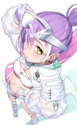 1girl absurdres breasts cleavage gashino gloves goggles green_eyes hand_on_own_hip highres hololive loose_socks medium_breasts midriff navel_piercing piercing ponytail purple_hair see-through_clothes see-through_sleeves shoes shorts simple_background sneakers socks solo tokoyami_towa tokoyami_towa_(cyberpunk) virtual_youtuber white_background white_gloves white_shoes