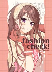1girl :o absurdres aikatsu! aikatsu!_(series) arm_behind_head blush brown_hair capelet character_name english_text floral_print gloves grid_background hands_up highres jiu long_hair parted_lips pink_background pink_ribbon pink_shirt purple_eyes red_gloves ribbon shibuki_ran shirt shirt_ribbon solo straight_hair yellow_capelet