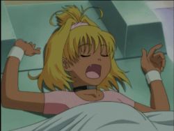 00s 1girl animated animated_gif bandai blonde_hair dark-skinned_female dark_skin fang female_focus flat_chest geneshaft long_hair lying ponytail sleeping solo tiki_musicanova yawning